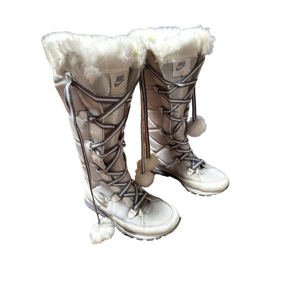 NIKE White Cream Tall Faux Fur Pom Pom Snow Winter Boots Women - Size 6.5 - Picture 1 of 10